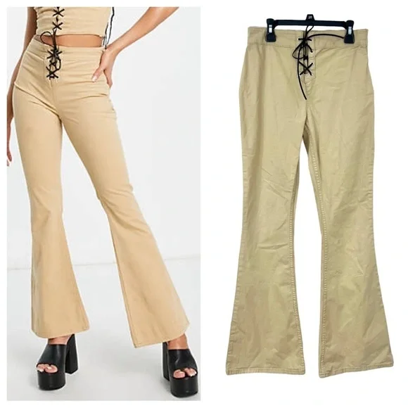 Asos Design Y2K Lace Up Detail Retro High Rise Flare Pants in Beige Stone - Picture 1 of 13